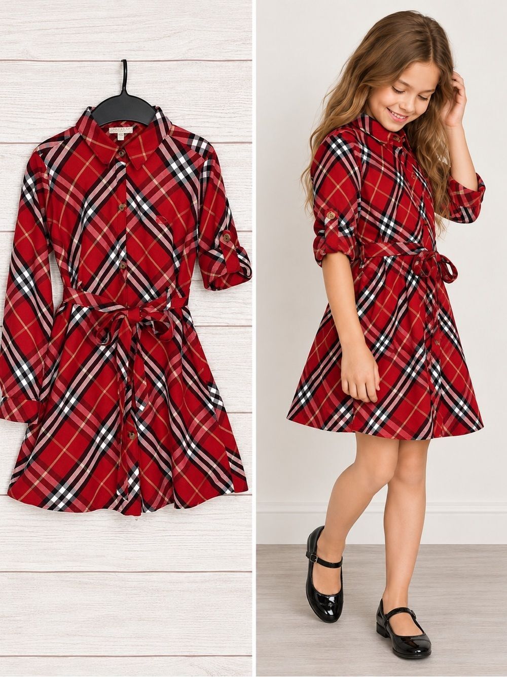 Burberry London Girls Red Nova Check Shirt Dress Belted Cotton Size 11-12Y